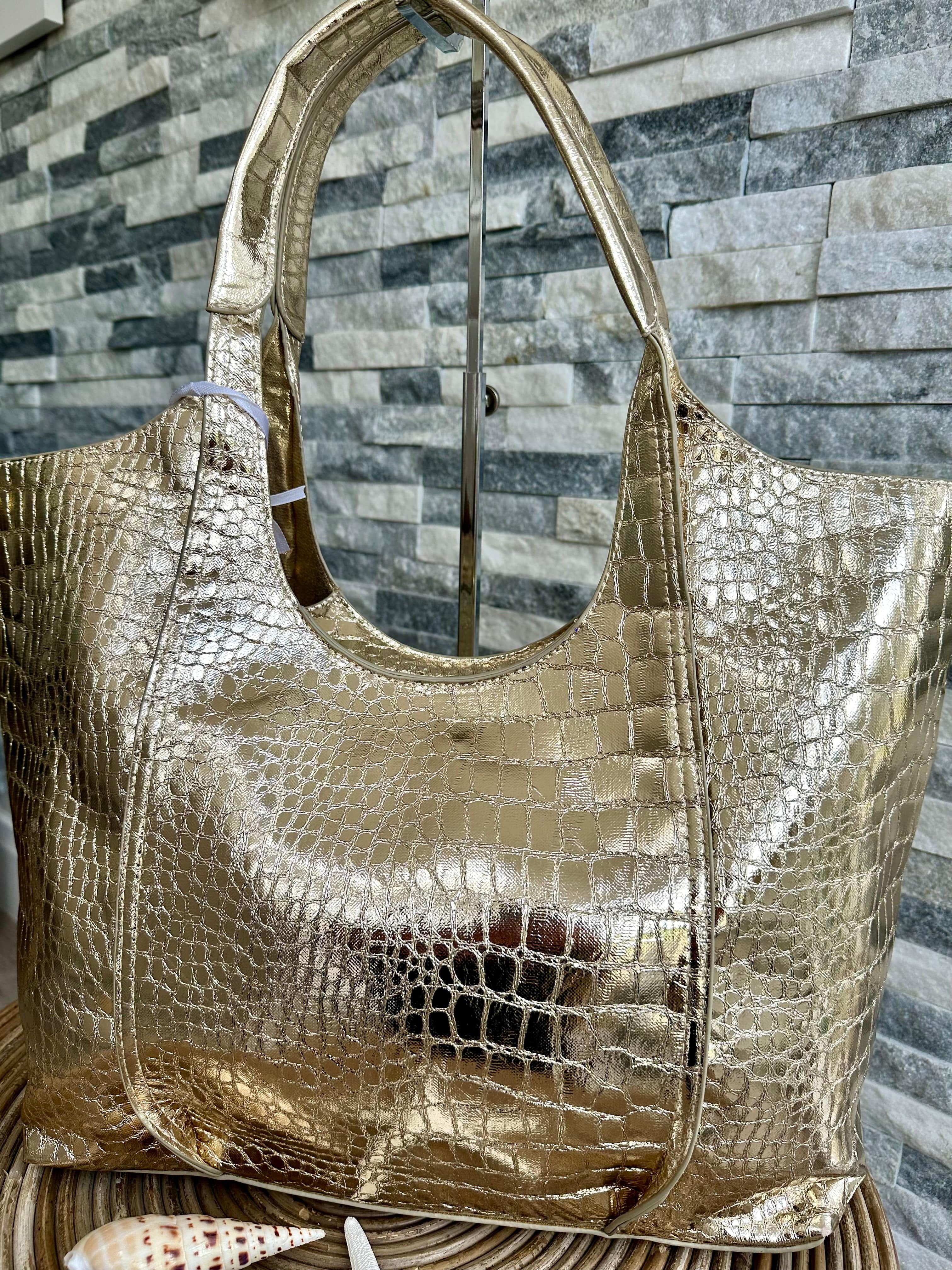 luscious scarves Silver Large Metallic Croc Print Tote Bag Silver