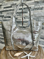Load image into Gallery viewer, luscious scarves Silver Large Metallic Croc Print Tote Bag Silver
