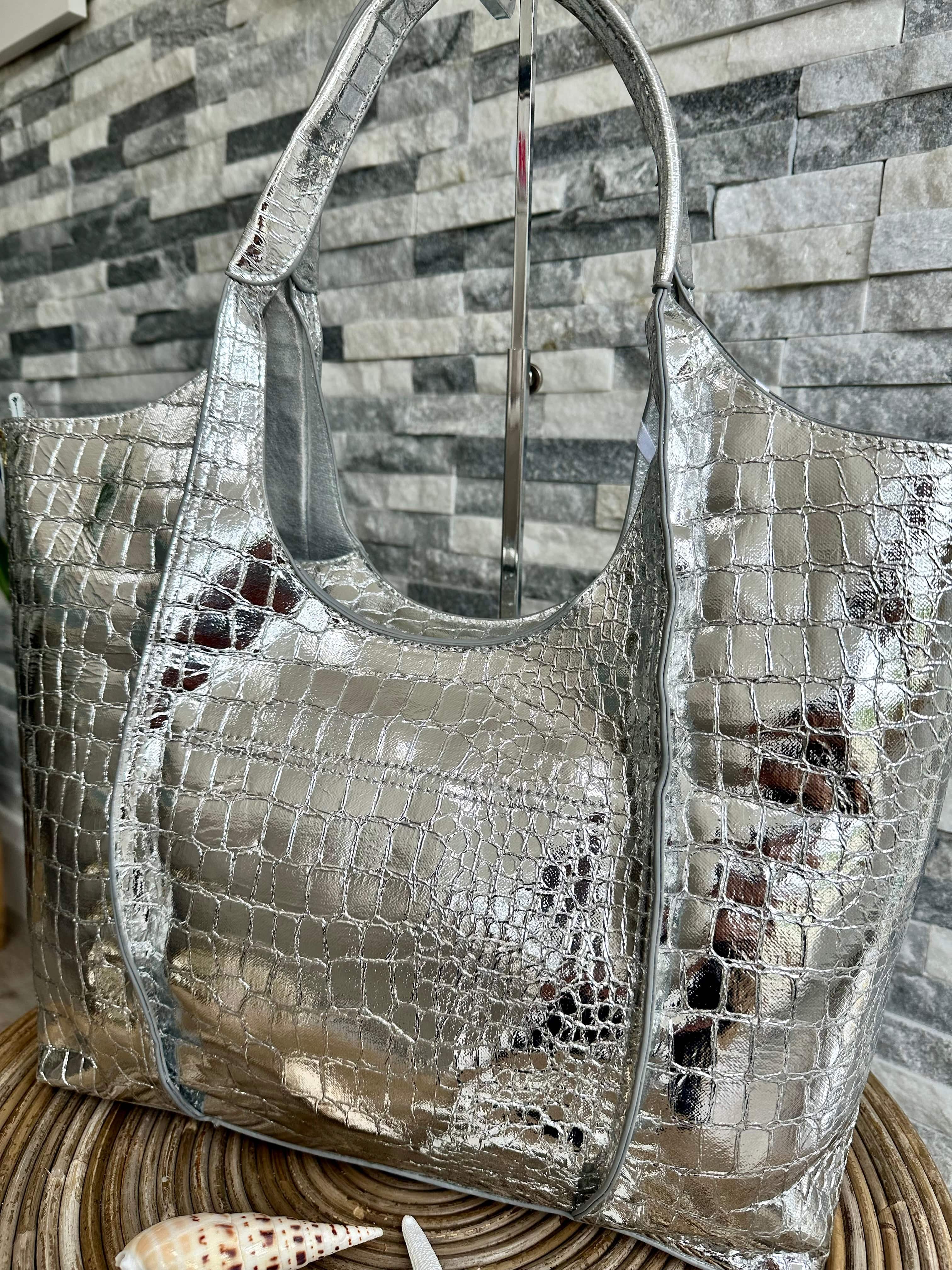 luscious scarves Silver Large Metallic Croc Print Tote Bag Silver