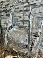 Load image into Gallery viewer, luscious scarves Silver Large Metallic Croc Print Tote Bag Silver
