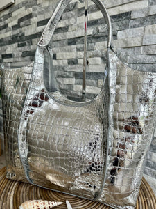 luscious scarves Silver Large Metallic Croc Print Tote Bag Silver