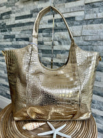 Load image into Gallery viewer, luscious scarves Silver Large Metallic Croc Print Tote Bag Silver
