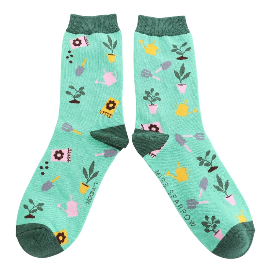 luscious scarves Socks In the Allotment Design Ladies Bamboo Socks, Miss Sparrow, Aqua Green