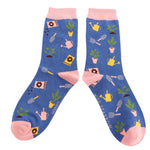 Load image into Gallery viewer, luscious scarves Socks In the Allotment Design Ladies Bamboo Socks, Miss Sparrow, Blue
