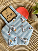 Load image into Gallery viewer, luscious scarves Socks Ladies Blue Stripe Puffins Soft Cotton Welly Socks , Funky Novelty Designs
