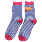Load image into Gallery viewer, luscious scarves Socks Ladies Miss Sparrow Bamboo Socks Highland Cow &amp; Stripes Design Blue
