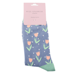 Load image into Gallery viewer, luscious scarves Socks Ladies Miss Sparrow Bamboo Socks Tulips and Spots Design Denim Blue
