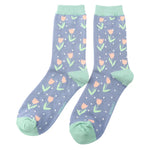Load image into Gallery viewer, luscious scarves Socks Ladies Miss Sparrow Bamboo Socks Tulips and Spots Design Denim Blue
