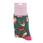 Load image into Gallery viewer, luscious scarves Socks Ladies Miss Sparrow Bamboo Socks Woodland Animals Design Dark Green
