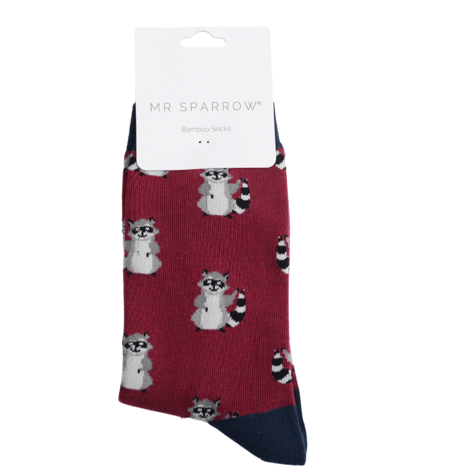 luscious scarves Socks Men's Mr Sparrow Bamboo Socks Racoons Dark Red