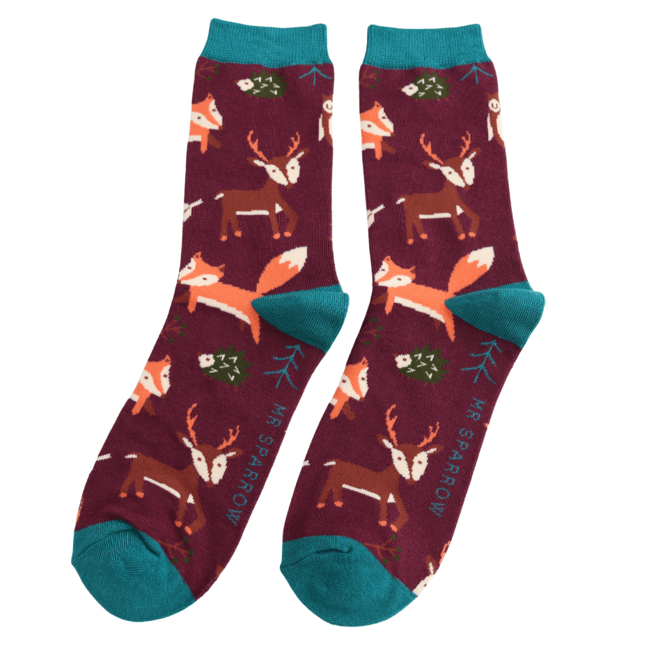 luscious scarves socks Men's Mr Sparrow Bamboo Socks Woodland Animals Design Aubergine
