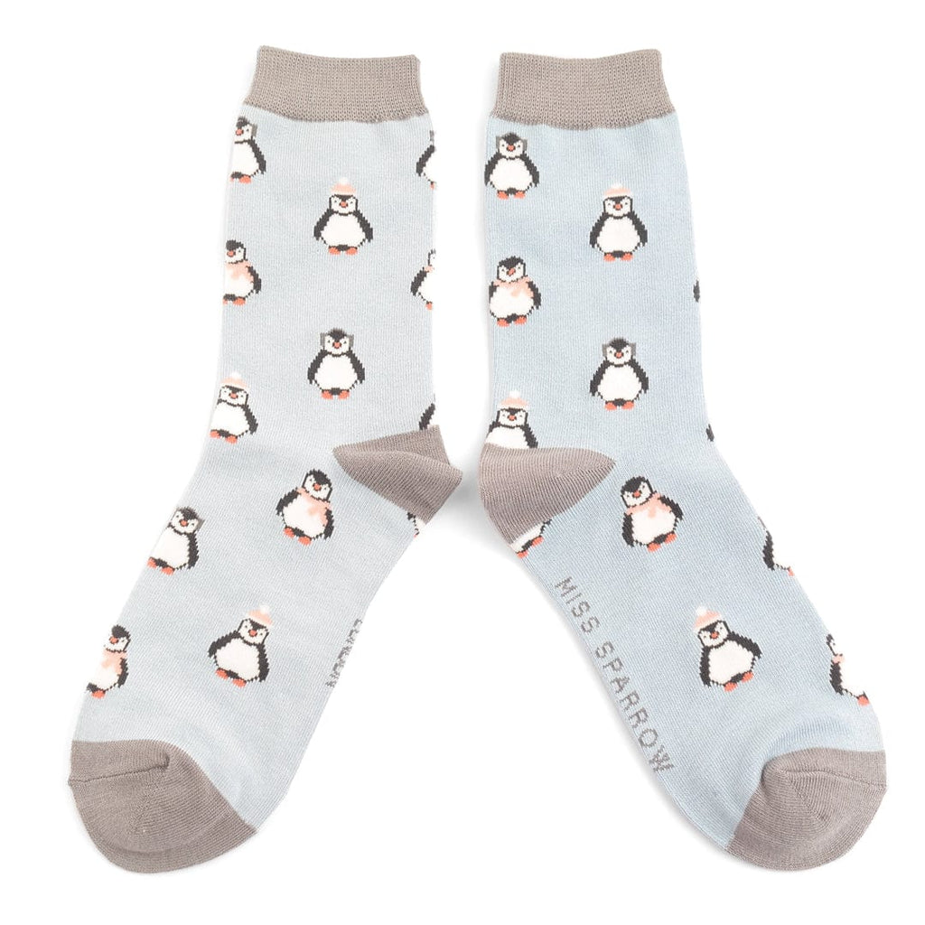 luscious scarves Socks Miss Sparrow Ladies' Bamboo Socks, Baby Penguins Design , Pale Blue
