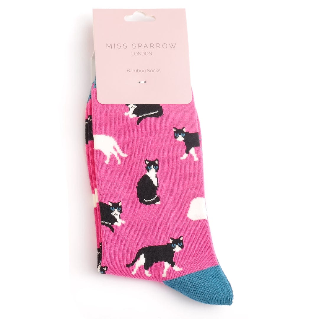 luscious scarves Socks Miss Sparrow Ladies' Bamboo Socks, Black and White Cats Design , Hot Pink