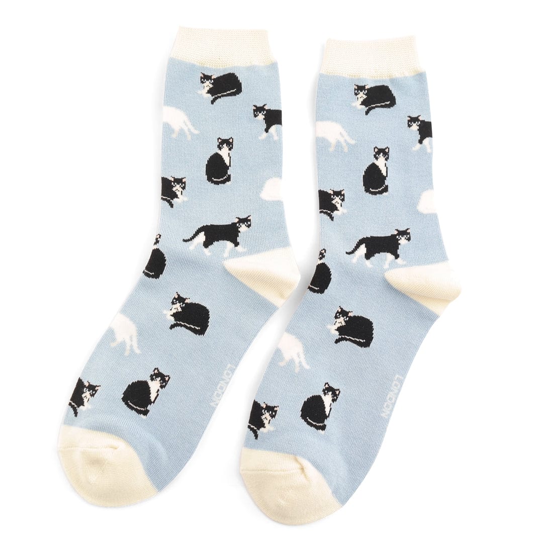luscious scarves Socks Miss Sparrow Ladies' Bamboo Socks, Black and White Cats Design , Pale Blue