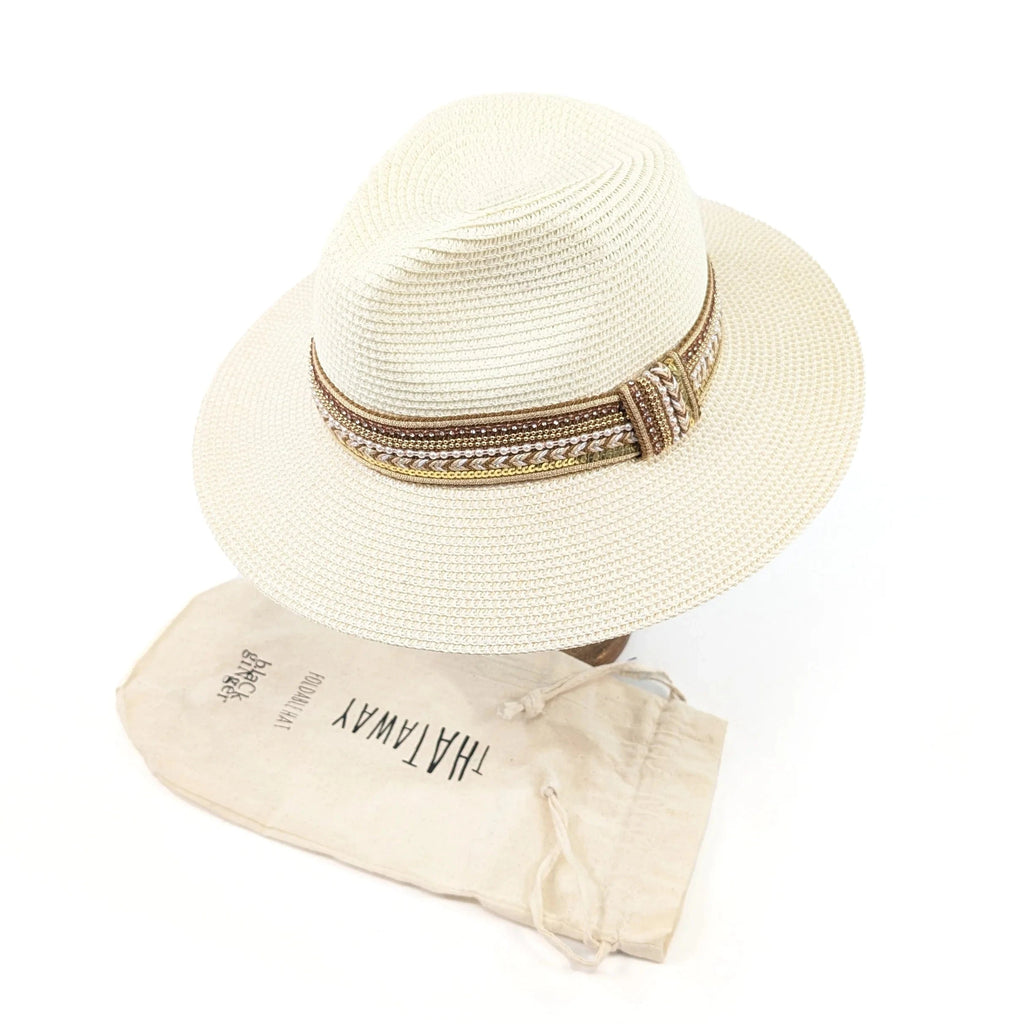 luscious scarves sun hats Black Ginger Rollable Jewelled Band Panama Foldable Hat (57cm) - Natural Cream