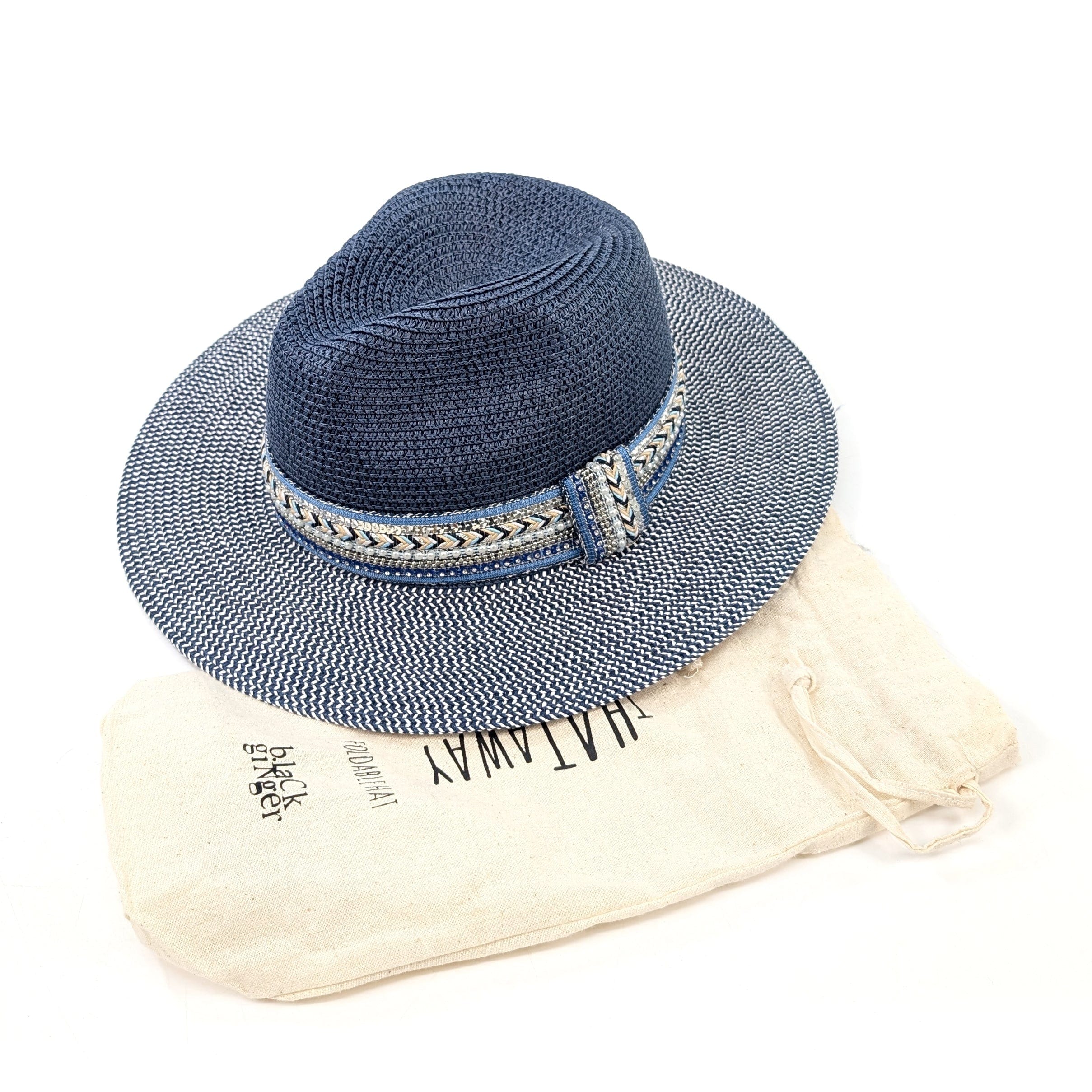 luscious scarves sun hats Black Ginger Rollable Jewelled Band Panama Foldable Hat (57cm) - Navy Blue