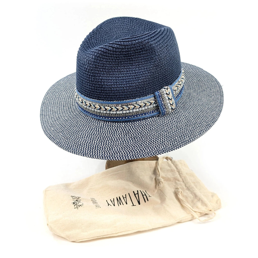 luscious scarves sun hats Black Ginger Rollable Jewelled Band Panama Foldable Hat (57cm) - Navy Blue