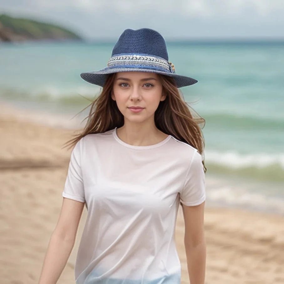 luscious scarves sun hats Black Ginger Rollable Jewelled Band Panama Foldable Hat (57cm) - Navy Blue
