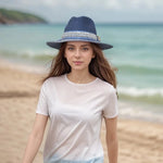 Load image into Gallery viewer, luscious scarves sun hats Black Ginger Rollable Jewelled Band Panama Foldable Hat (57cm) - Navy Blue
