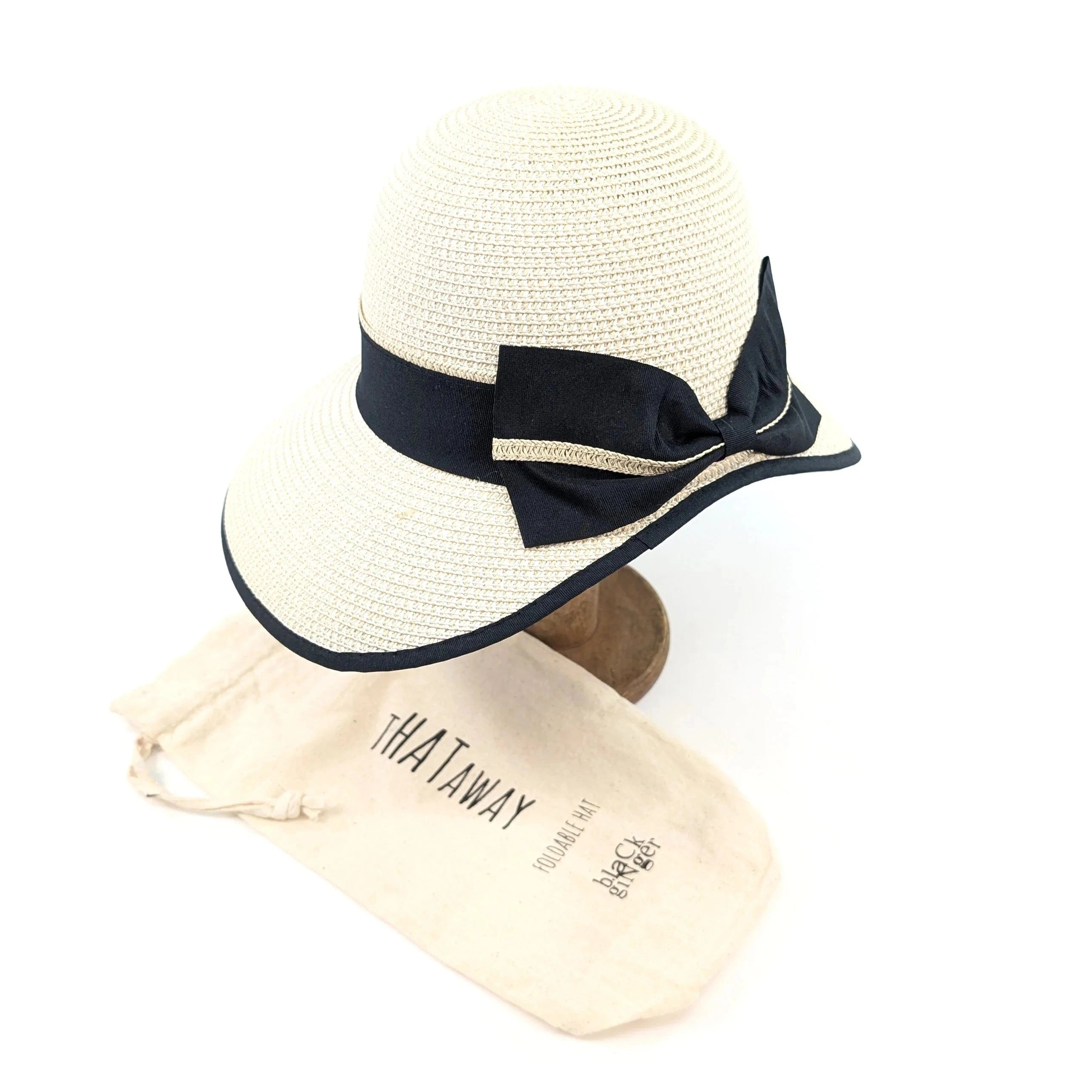 luscious scarves sun hats Black Ginger Rollable Open Back Bow Foldable Hat (57cm) - Natural Cream