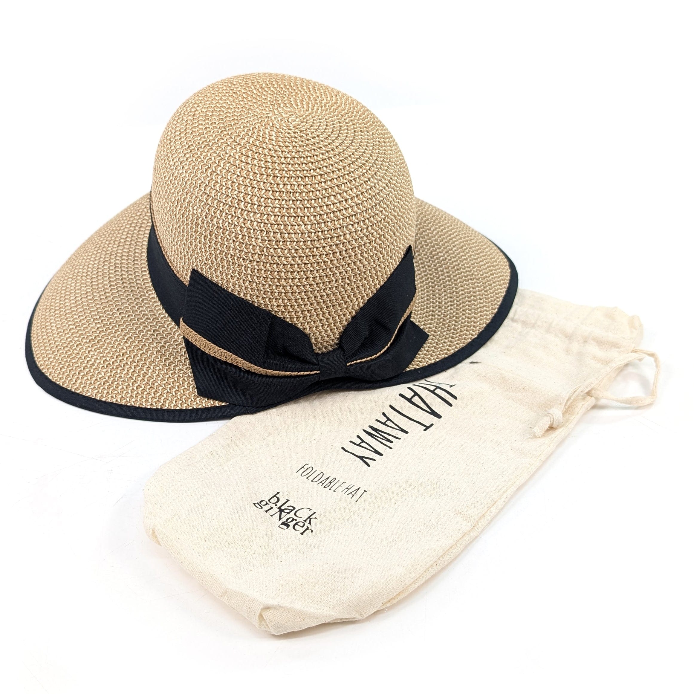 luscious scarves sun hats Black Ginger Rollable, Packable Open Back Bow Foldable Hat (57cm) - Dark Natural