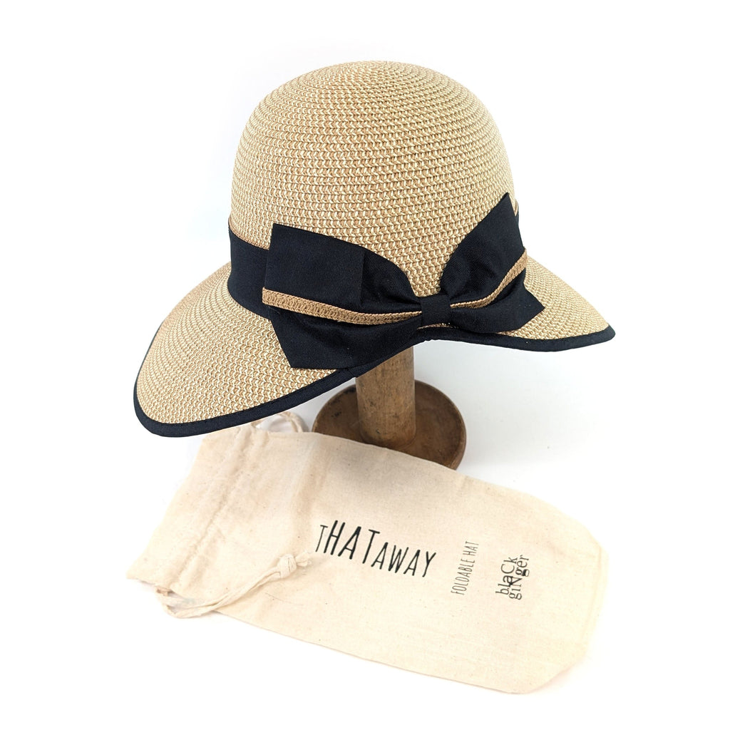 luscious scarves sun hats Black Ginger Rollable, Packable Open Back Bow Foldable Hat (57cm) - Dark Natural