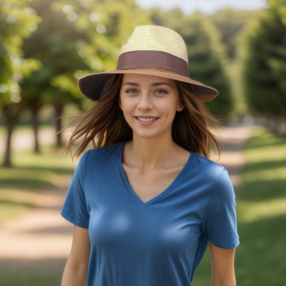 luscious scarves sun hats Black Ginger Rollable, Packable Open Back Panama Foldable Hat (57cm) - Natural/Chocolate