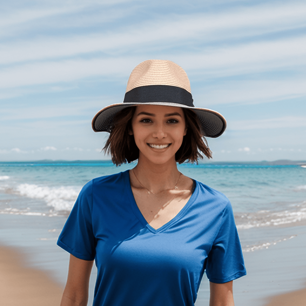 luscious scarves sun hats Black Ginger Rollable, Packable Open Back Panama Foldable Hat (57cm) - Pink/Grey