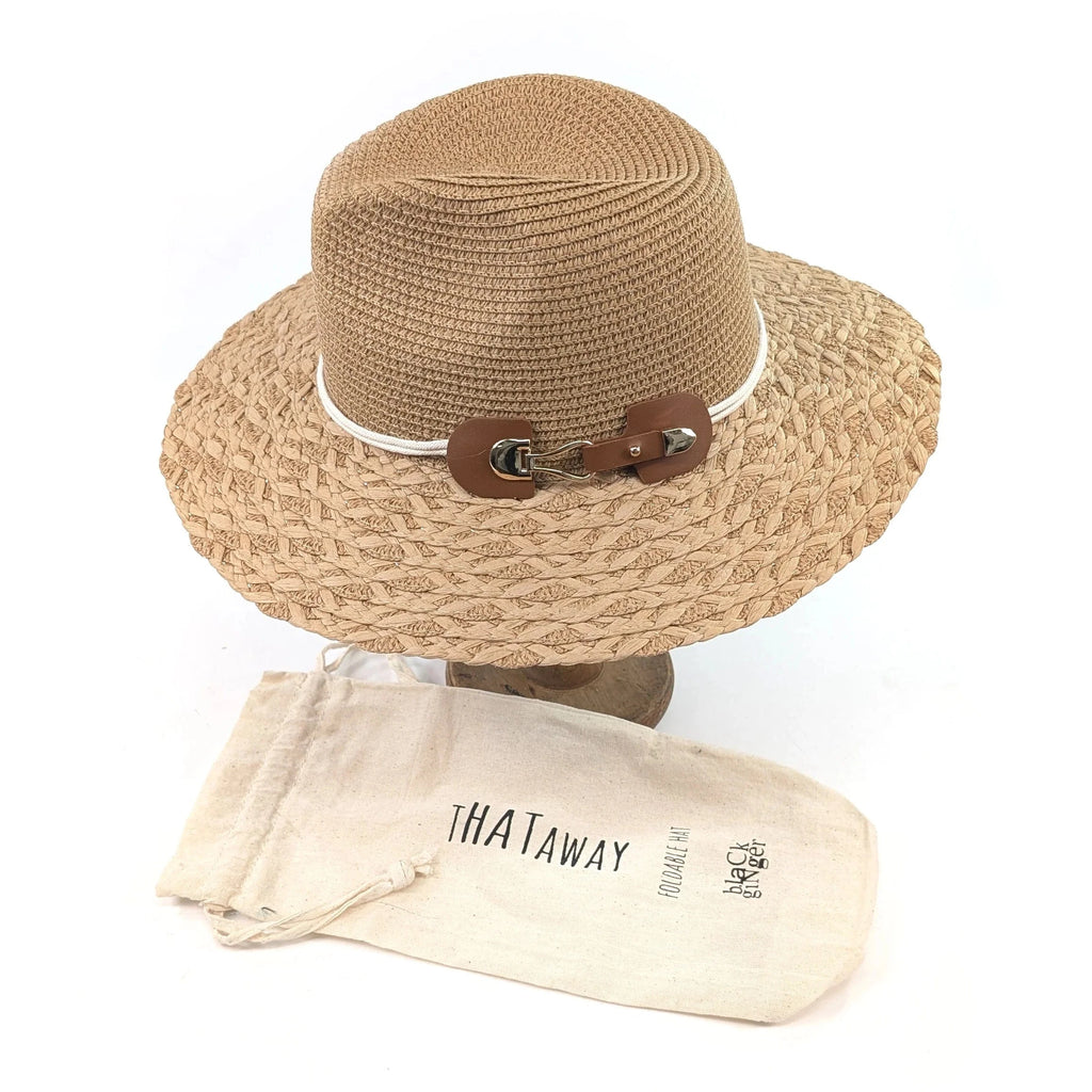 luscious scarves sun hats Black Ginger Rollable, Packable Plaited Brim Panama Foldable Hat (57cm) -Dark Natural with a Side Buckle Decoration .