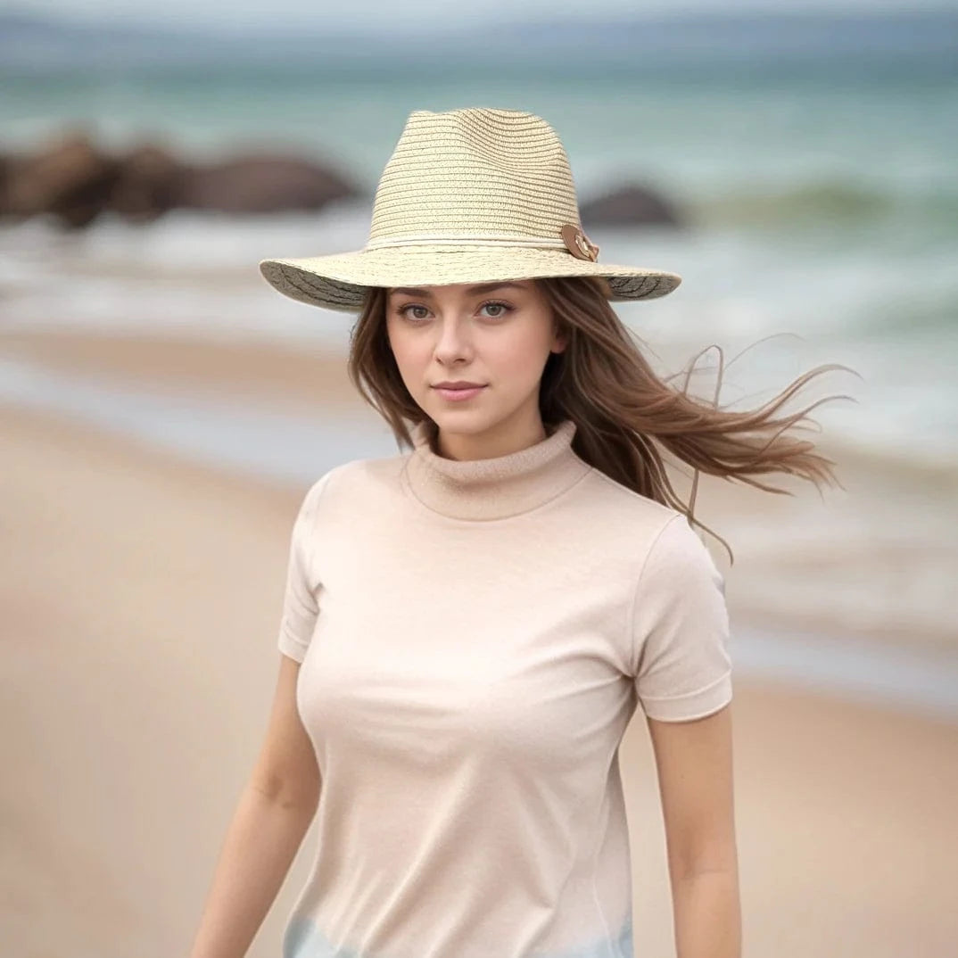luscious scarves sun hats Black Ginger Rollable, Packable Plaited Brim Panama Foldable Hat (57cm) -Natural Cream with a Side Buckle decoration .