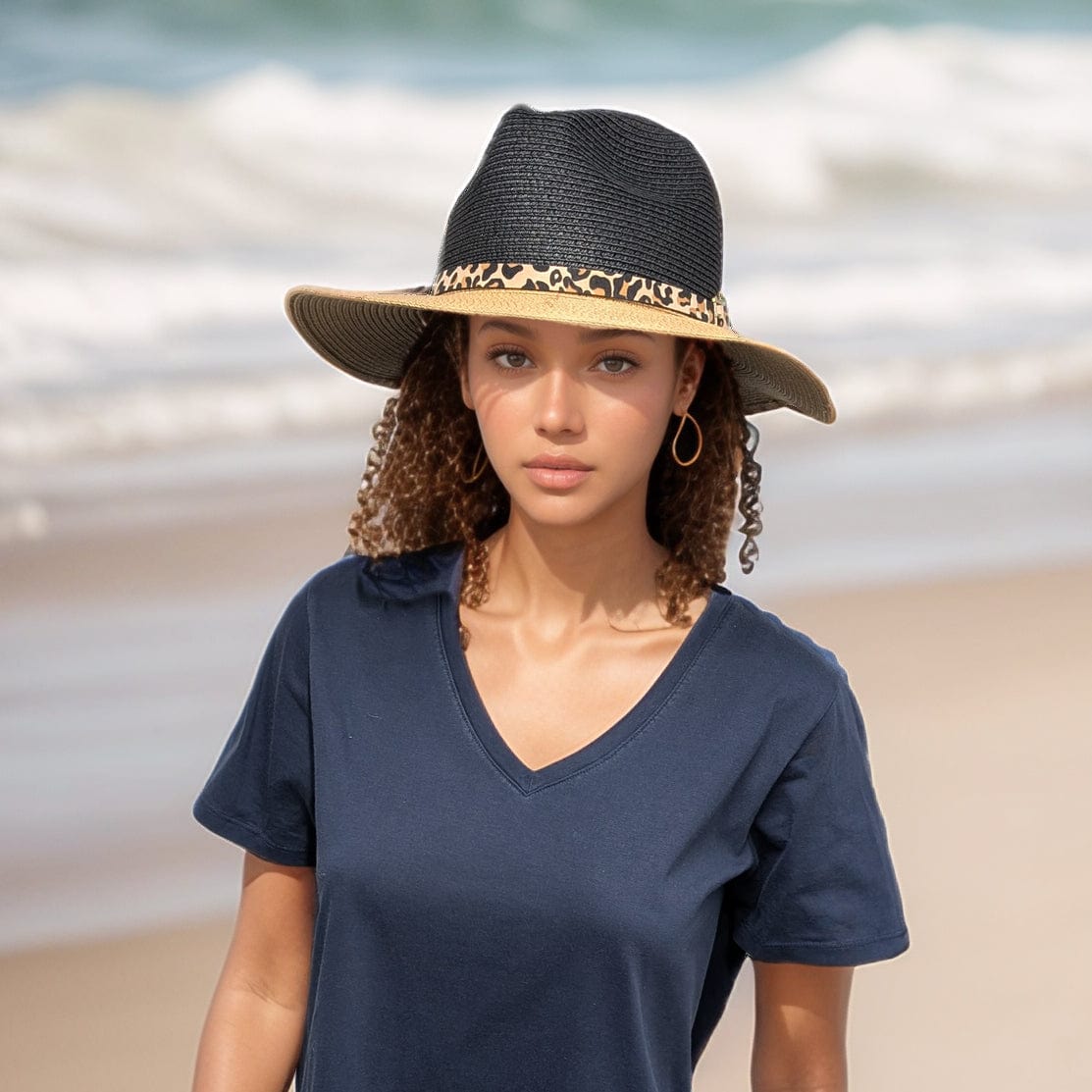 luscious scarves sun hats Black Ginger Rollable, Packable Two Tone Panama Foldable Hat (57cm) - Black/Natural with Decorative Slim Belt.