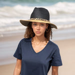 Load image into Gallery viewer, luscious scarves sun hats Black Ginger Rollable, Packable Two Tone Panama Foldable Hat (57cm) - Black/Natural with Decorative Slim Belt.
