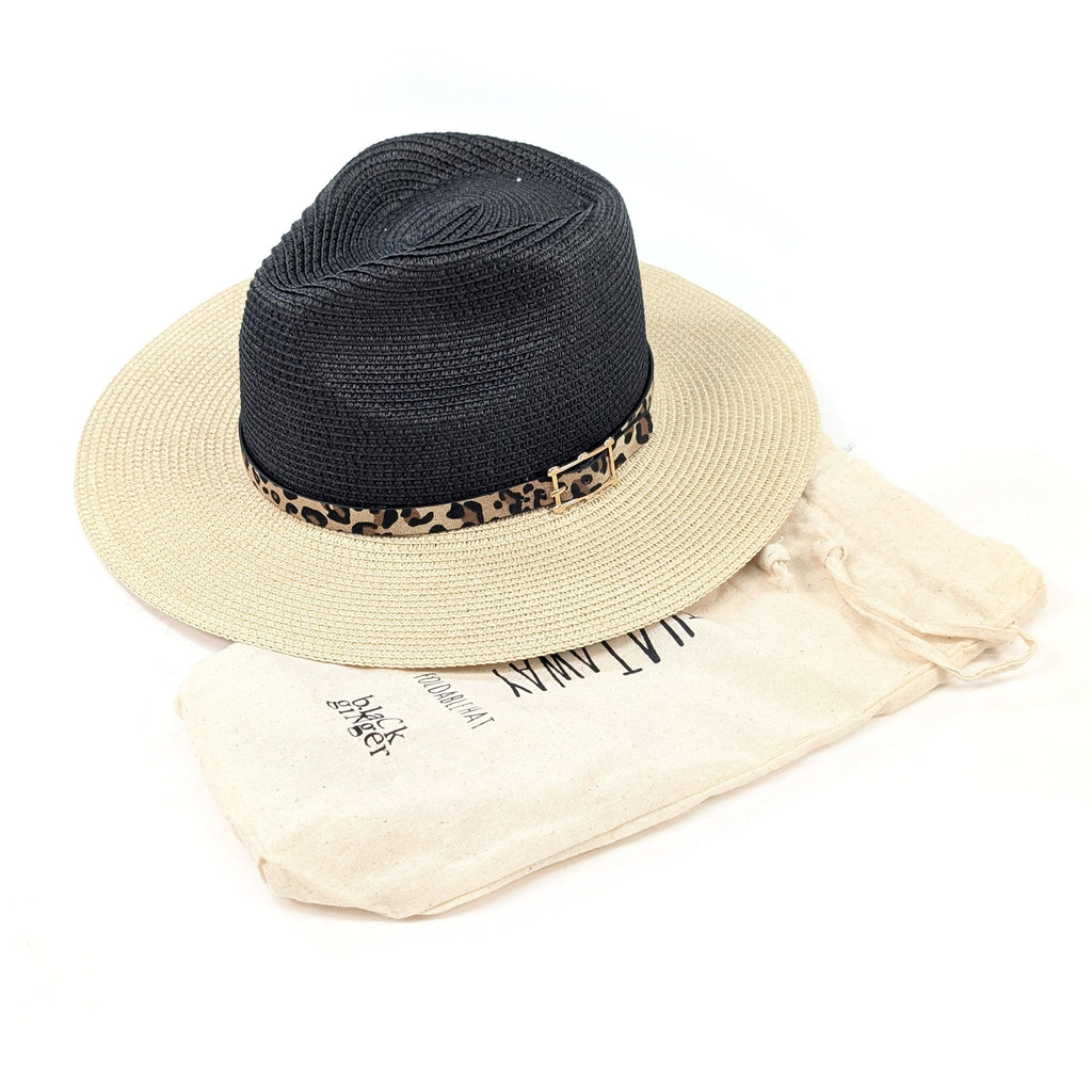 luscious scarves sun hats Black Ginger Rollable, Packable Two Tone Panama Foldable Hat (57cm) - Black/Natural with Decorative Slim Belt.