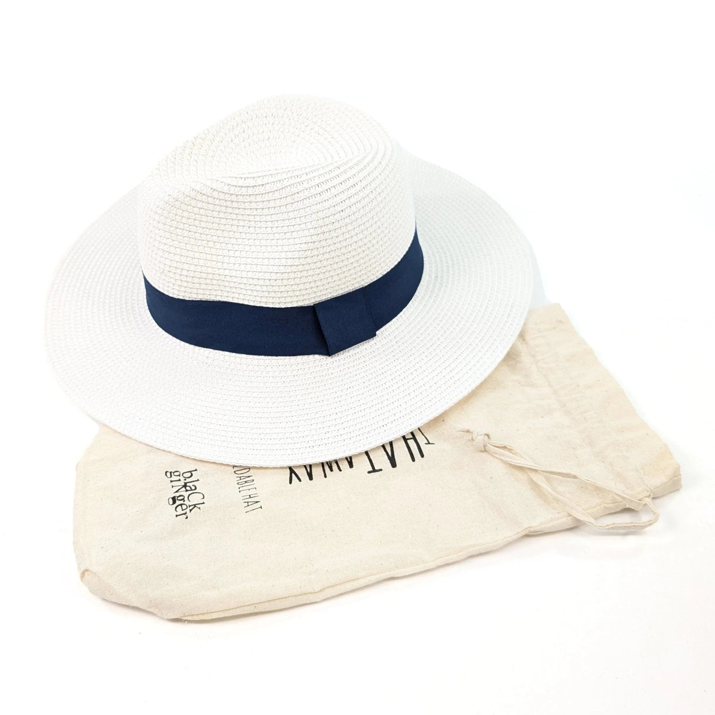 luscious scarves sun hats Black Ginger Rollable White Panama Foldable Hat (Navy Band) (57cm)