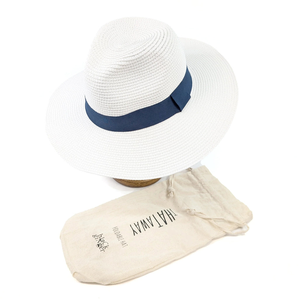 luscious scarves sun hats Black Ginger Rollable White Panama Foldable Hat (Navy Band) (57cm)