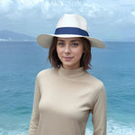 Load image into Gallery viewer, luscious scarves sun hats Black Ginger Rollable White Panama Foldable Hat (Navy Band) (57cm)
