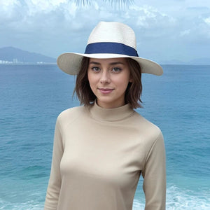 luscious scarves sun hats Black Ginger Rollable White Panama Foldable Hat (Navy Band) (57cm)