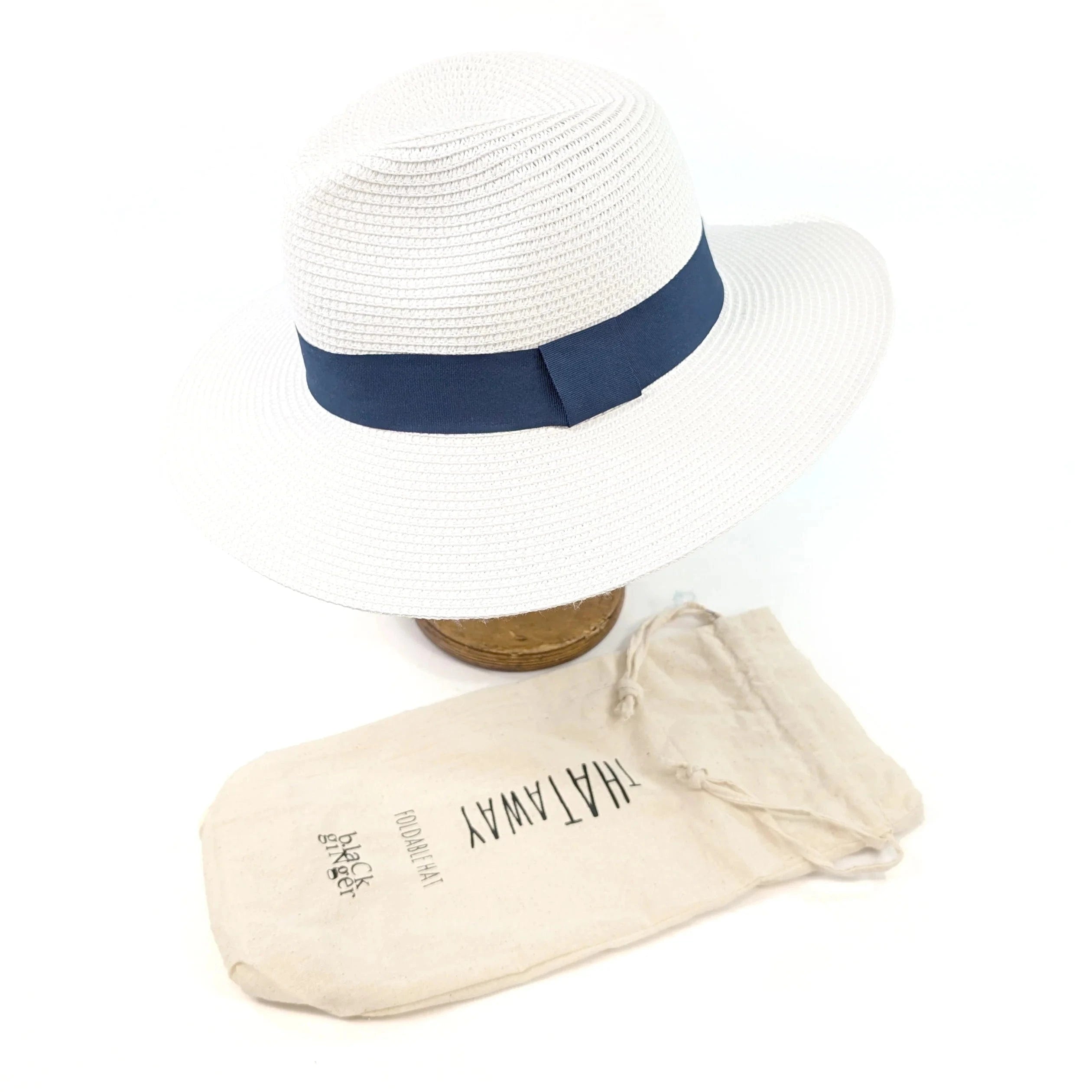 luscious scarves sun hats Black Ginger Rollable White Panama Foldable Hat (Navy Band) (57cm)