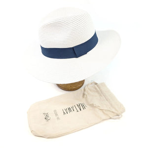luscious scarves sun hats Black Ginger Rollable White Panama Foldable Hat (Navy Band) (57cm)