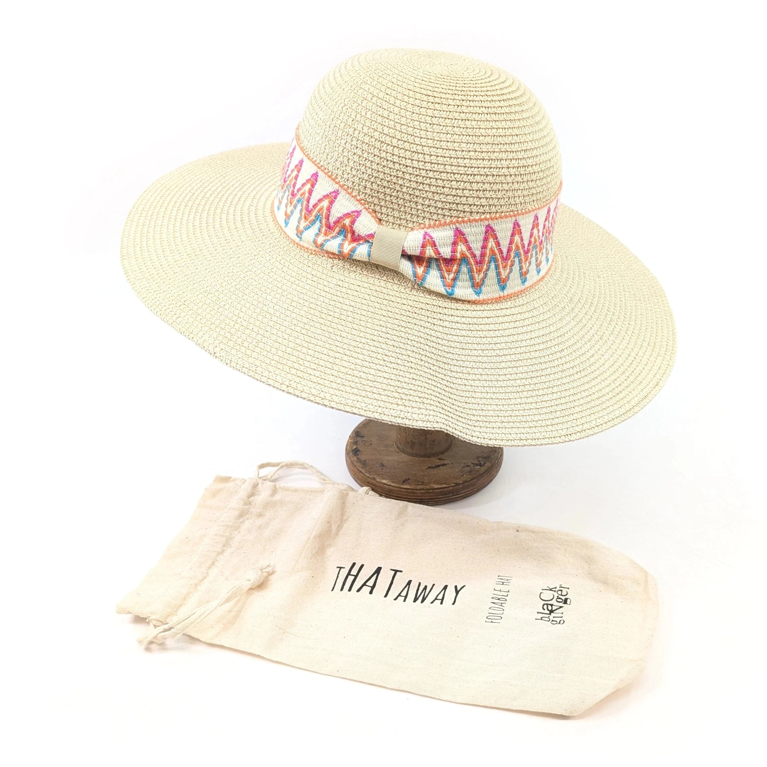 luscious scarves sun hats Black Ginger Rollable, Wide Brim, Zig Zag Band Foldable Hat (57cm) - Natural
