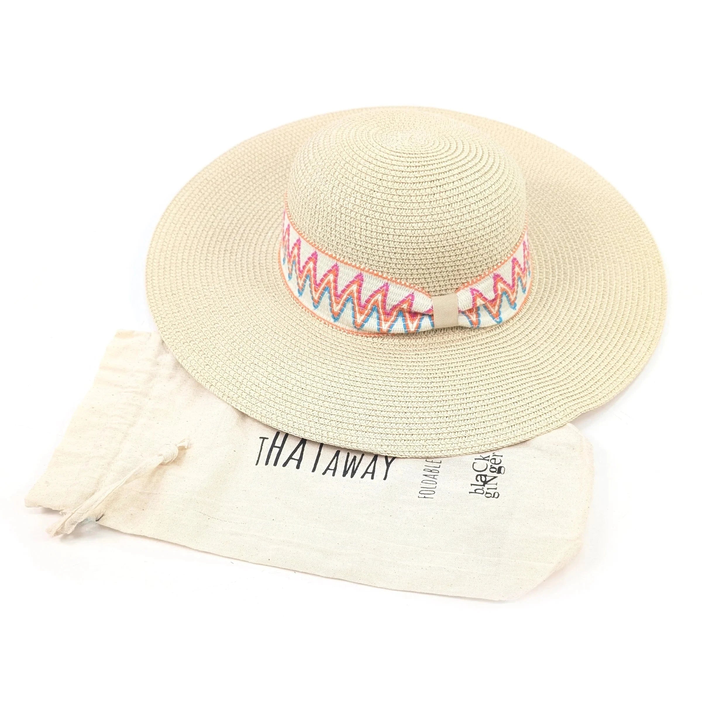 luscious scarves sun hats Black Ginger Rollable, Wide Brim, Zig Zag Band Foldable Hat (57cm) - Natural