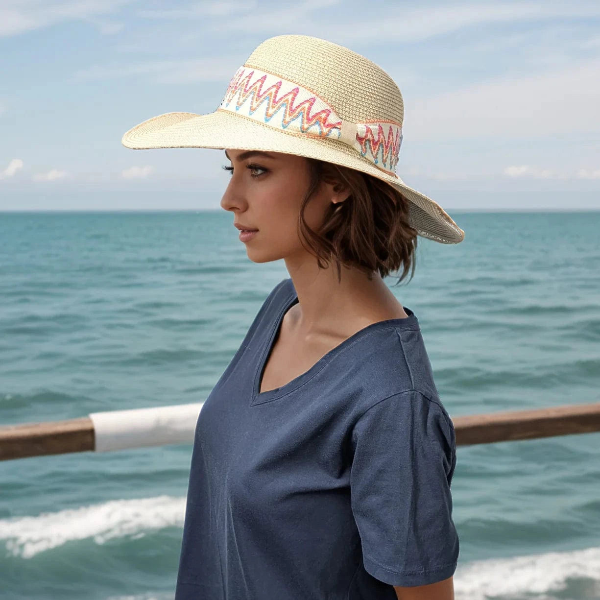 luscious scarves sun hats Black Ginger Rollable, Wide Brim, Zig Zag Band Foldable Hat (57cm) - Natural