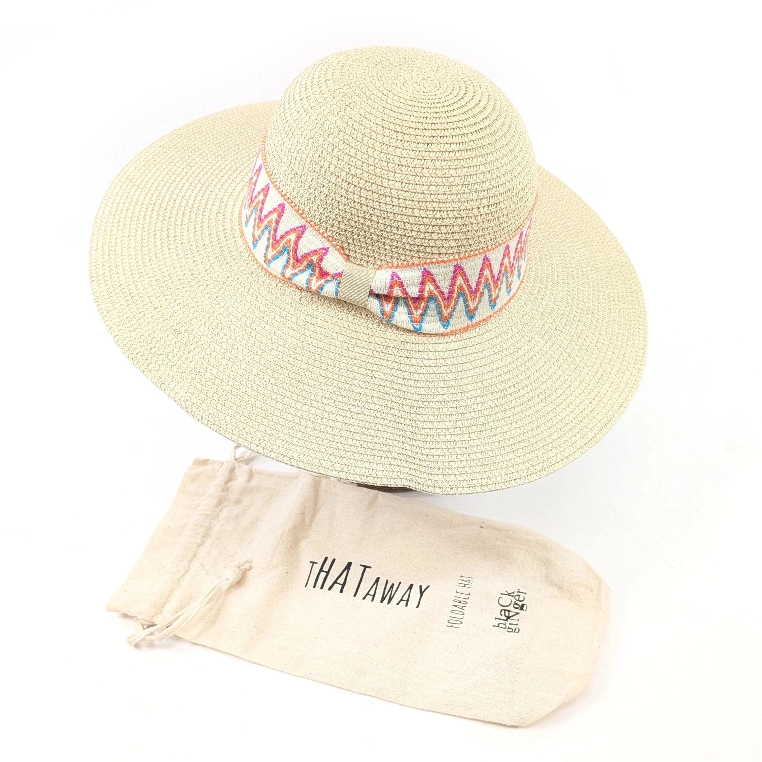 luscious scarves sun hats Black Ginger Rollable, Wide Brim, Zig Zag Band Foldable Hat (57cm) - Natural