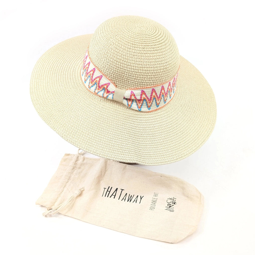 luscious scarves sun hats Black Ginger Rollable, Wide Brim, Zig Zag Band Foldable Hat (57cm) - Natural