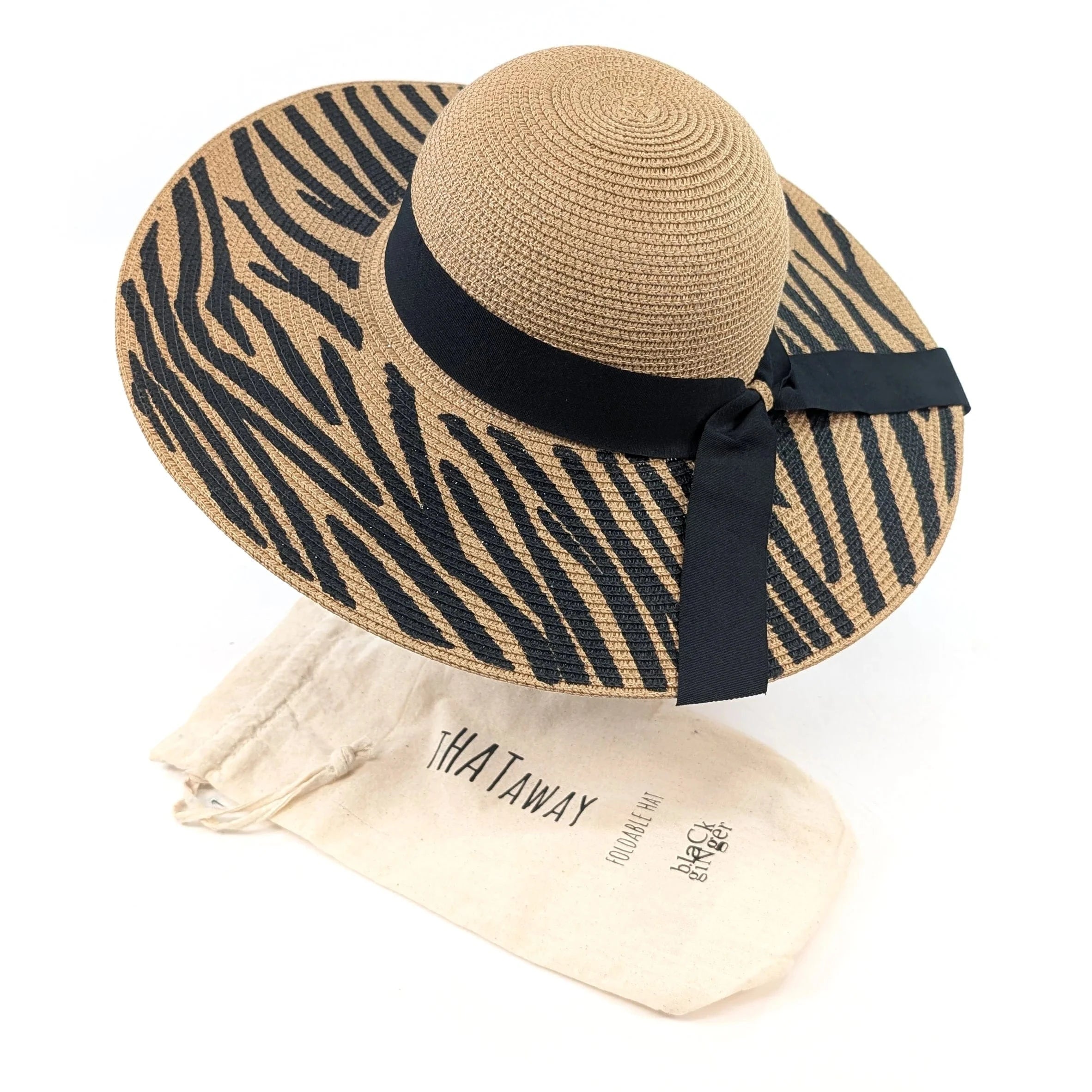 luscious scarves sun hats Black Ginger Rollable , Zebra Print Wide Brim Foldable Hat (57cm) - Dark Natural/Black