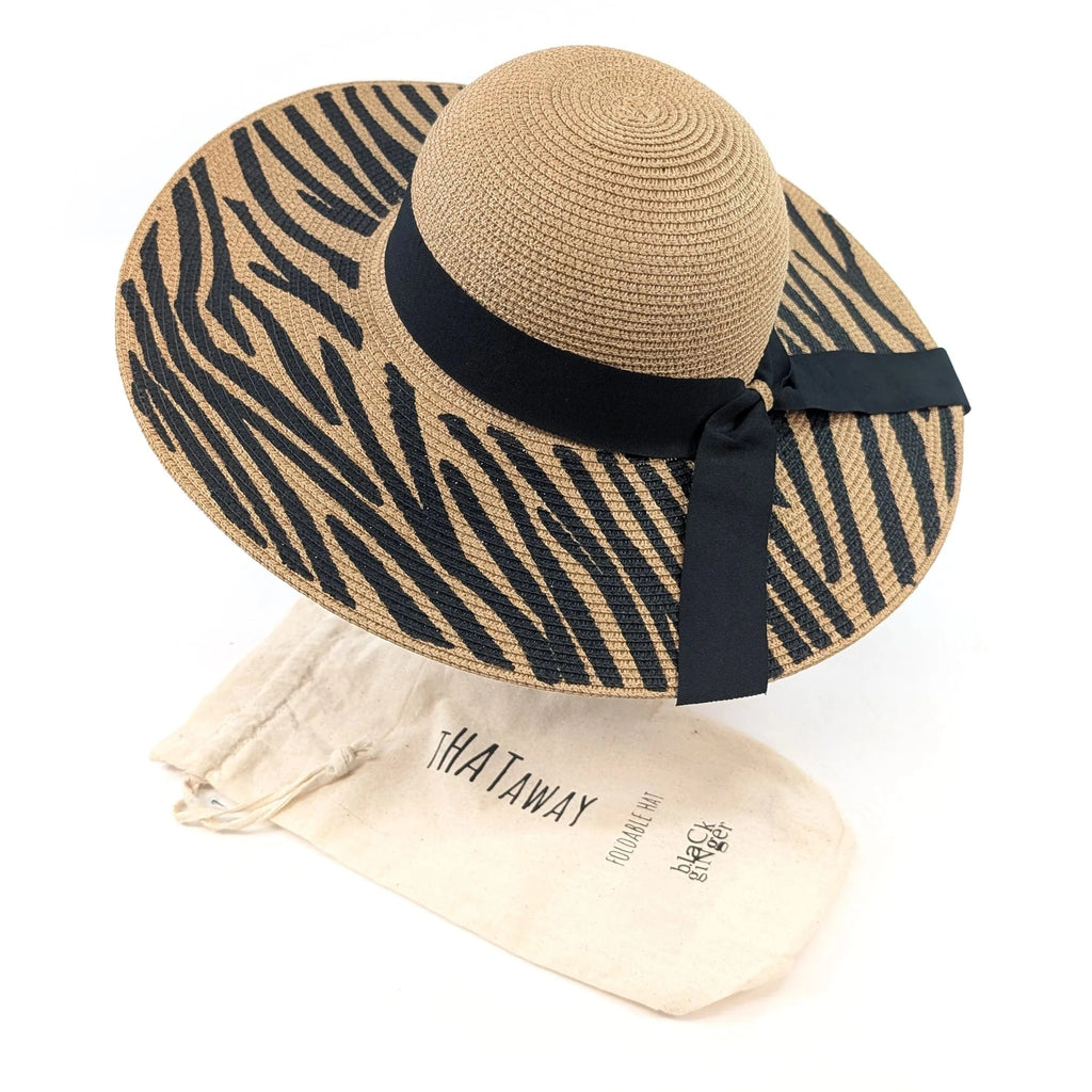 luscious scarves sun hats Black Ginger Rollable , Zebra Print Wide Brim Foldable Hat (57cm) - Dark Natural/Black