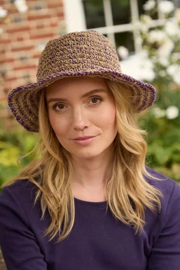 luscious scarves sun hats Pachamama Hemp/Cotton Hat , Packable / Foldable Natural and Purple, Handmade, Fair Trade
