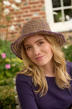 Load image into Gallery viewer, luscious scarves sun hats Pachamama Hemp/Cotton Hat , Packable / Foldable Natural and Purple, Handmade, Fair Trade
