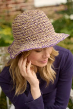 Load image into Gallery viewer, luscious scarves sun hats Pachamama Hemp/Cotton Hat , Packable / Foldable Natural and Purple, Handmade, Fair Trade
