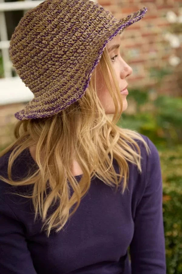 luscious scarves sun hats Pachamama Hemp/Cotton Hat , Packable / Foldable Natural and Purple, Handmade, Fair Trade